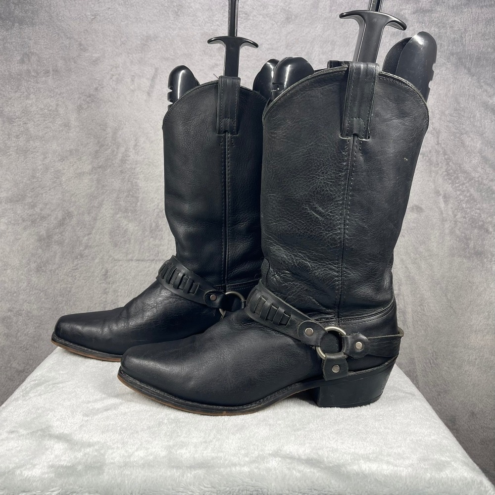 Vintage USA Black Leather Harness Cowboy Boots Mens 10 D Western Biker